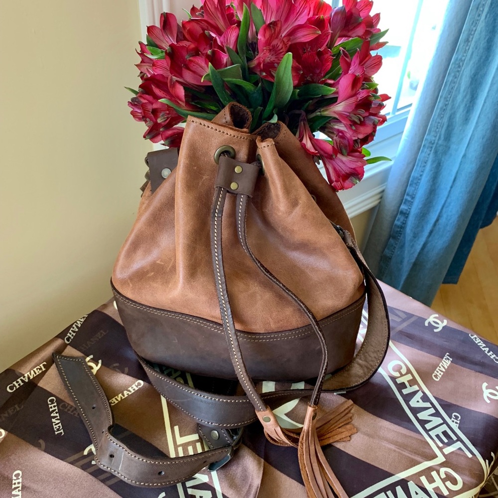 Leather Boho Drawstring Bucket Style Bag